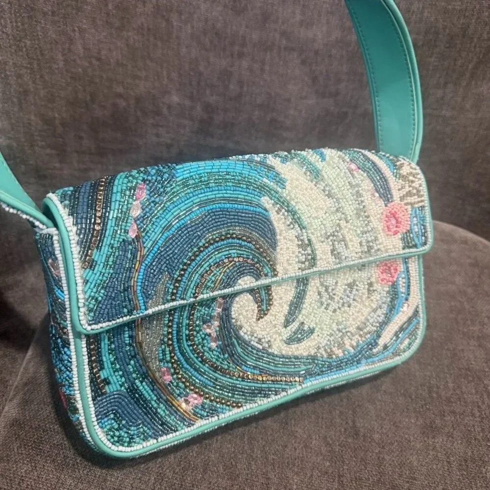 STAUD Beaded Tidal Wave Tommy Shoulder Bag Blue SAMPLE New